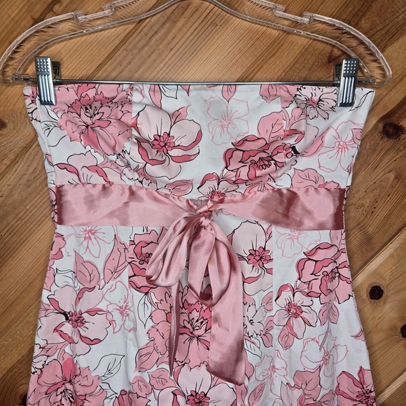 Sequin Hearts 00s Strapless Mini Dress Satin Tie Floral White Pink Glam Sz 5(XS) - Picture 2 of 6